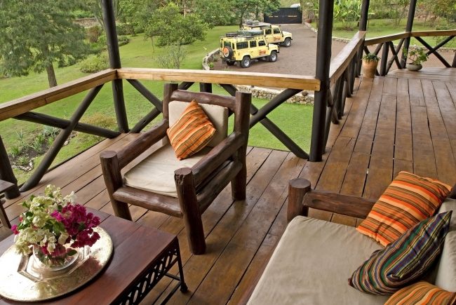 Balcony with Land Rovers - Twiga Lodge, Tanzania